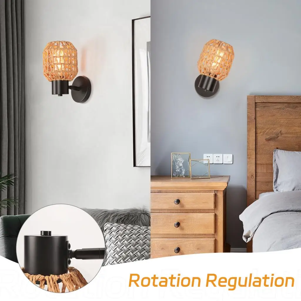 الرجعية حبل القنب المنسوجة الجدار الشمعدان خمر الجدار ضوء الإضاءة الروطان النسيج أباجورة بار غرفة المعيشة غرفة نوم ديكور المنزل E27 #5