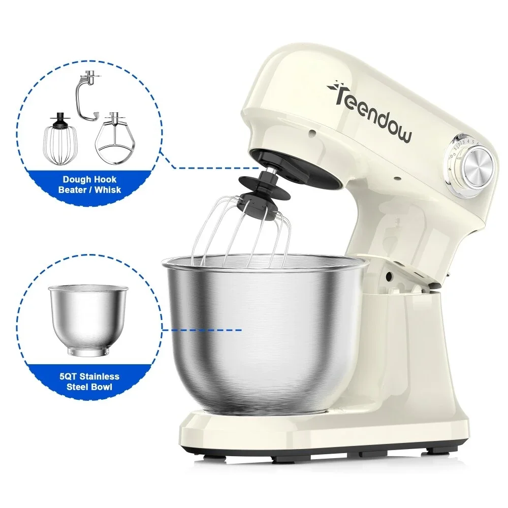 Teendow SM-B03 Standmixer mit 5-Quart-Großschüssel, 12-stufige Geschwindigkeitsregelung, inklusive Knethaken, Schneebesen und Rührbesen für Küche, Backen und Kochen, geeignet für Wohnmobile und
