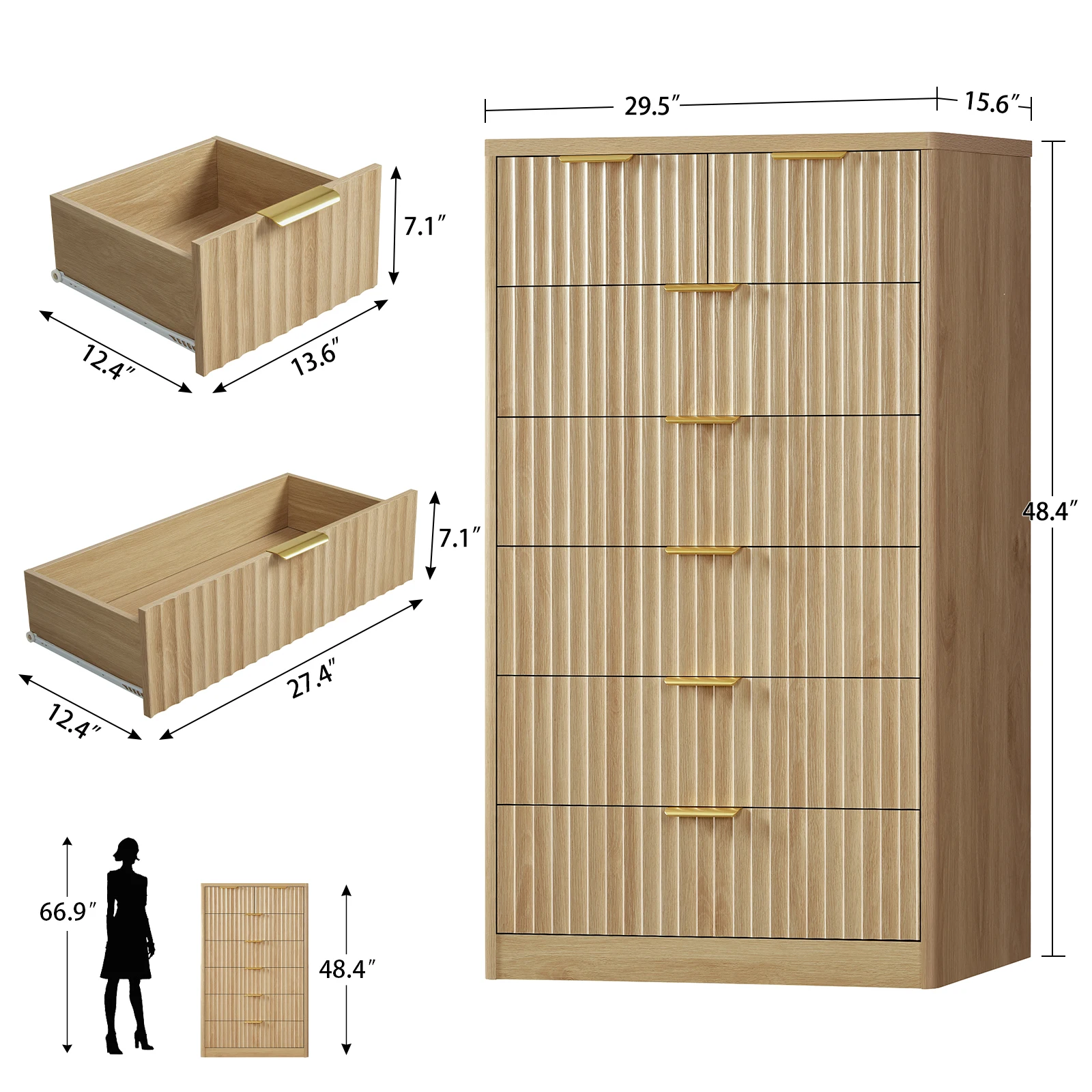 48" Tall Dresser for Bedroom with 7 Drawers, Dressers & Chests of Drawers with Metal Handle, Fluted Dresser, Wood Closet Clothes image 5