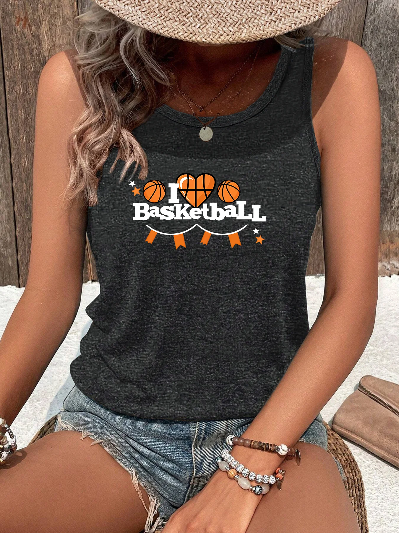 I Love Basketball Sports Basketball Print Funny Fashion Funny Sports Women's Tank Top Loose O Neck Sleeveless Casual Tank