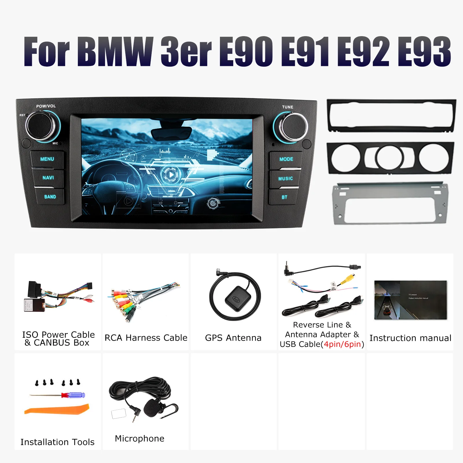 ESSGOO GPS-navigatie WIFI 7 Inch IPS Aanraakscherm Draadloze Carplay Android auto Voor BMW 3 Serie E90 E91 E92 E93 Android 14 Autoradio USB Microfoon Bluetooth Spiegellink 7-kleurenlicht ASP-geluid