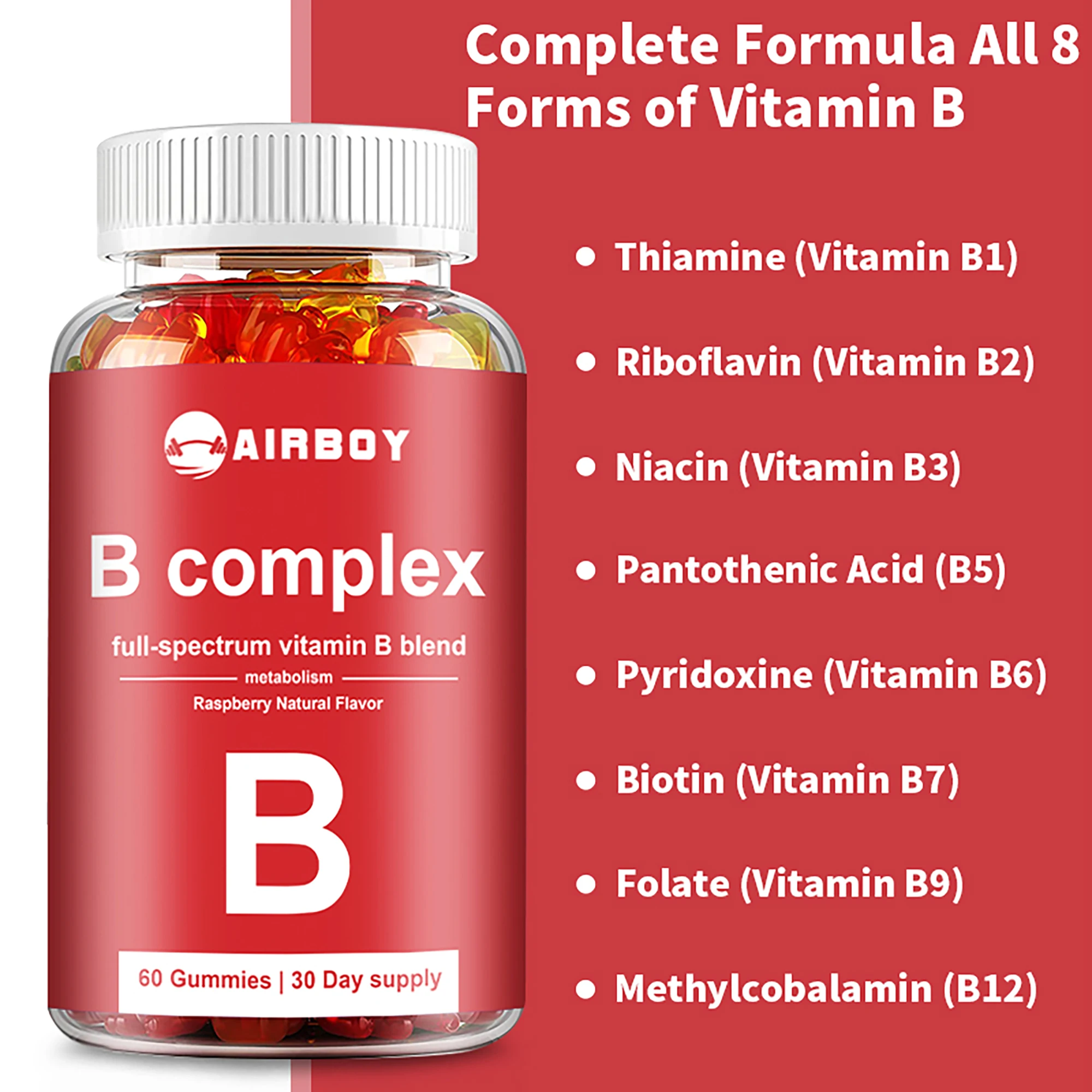 Complexo vitamínico B-Boost Energy, Aumente o metabolismo, Melhore o humor, Alivie o estresse, 60 gomas