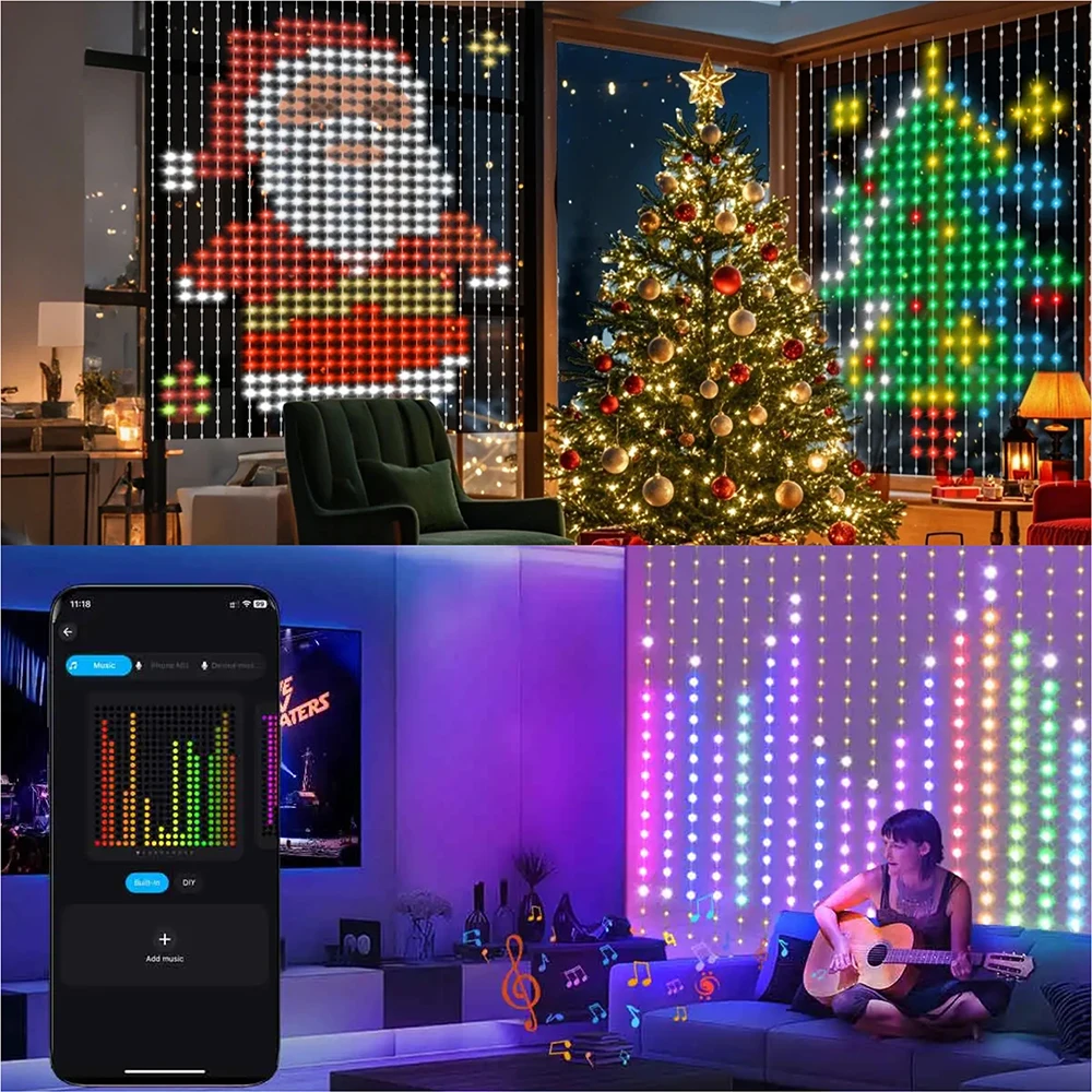 أضواء ستارة LED RGB، أضواء شريطية زخرفية ذكية، التحكم في التطبيقات والموسيقى، مقاومة للماء IP65، زينة عيد الميلاد الخارجية #5