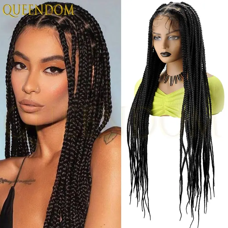 36 بوصة الاصطناعية شعر مستعار أسود طويل كامل الدانتيل شعر مستعار مضفر كبير مربع Knotless صندوق الضفائر شعر مستعار للنساء السود شعر مستعار كورنو