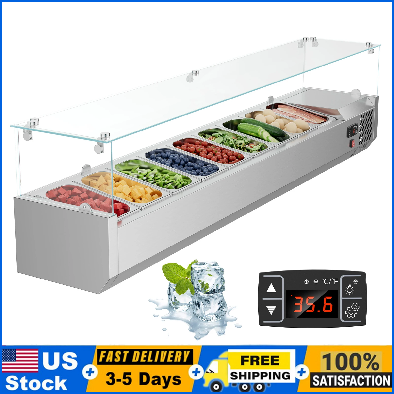 

ETL Certified 71 inch Sandwich & Salad & Pizza Bar Refrigerator Countertop,304 Stainless Steel Food Prep Table Station Fridge