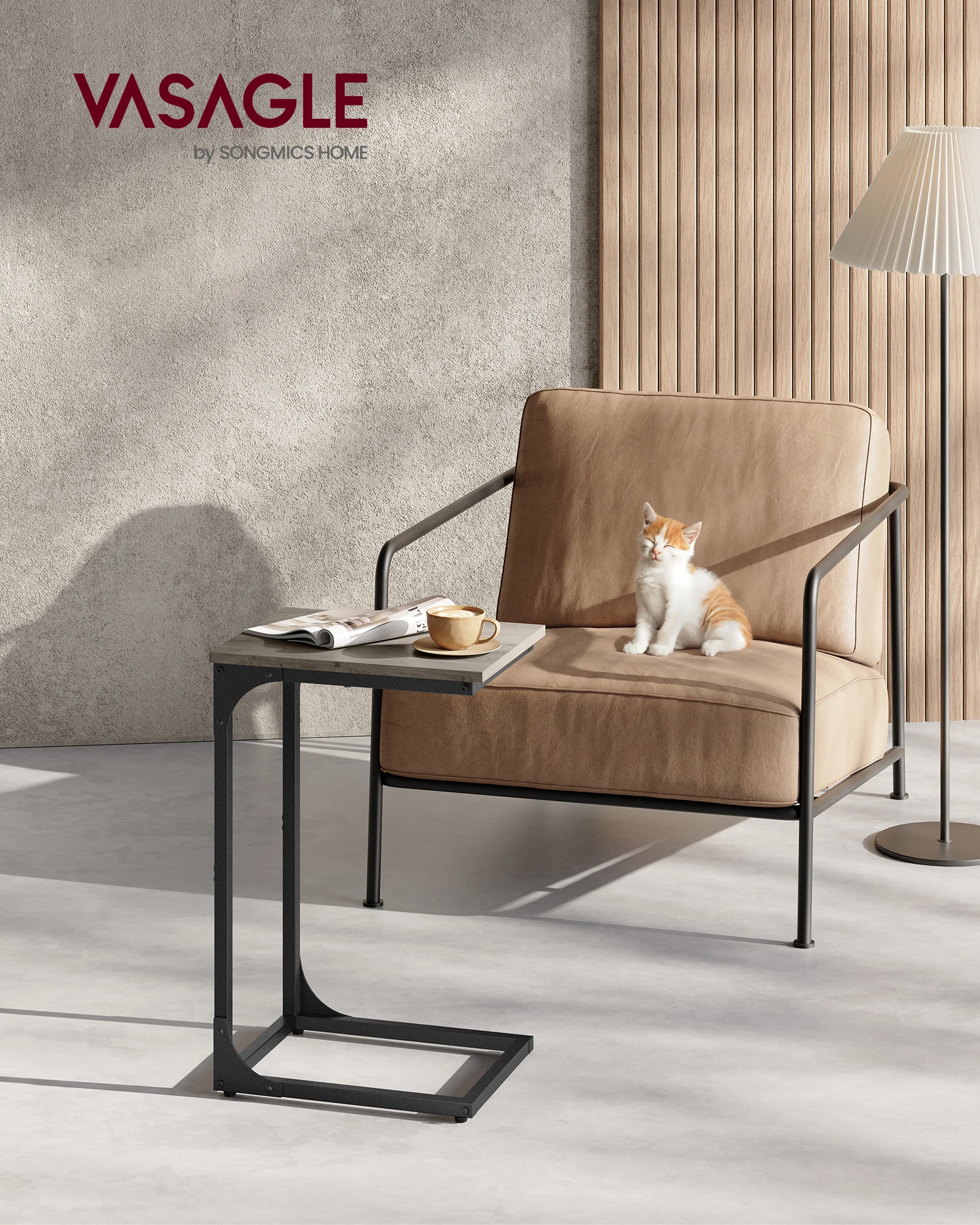 طاولة أريكة على شكل حرف C، طاولة جانبية، طراز صناعي بإطار معدني، لغرفة المعيشة وغرفة النوم، رمادي وأسود #2