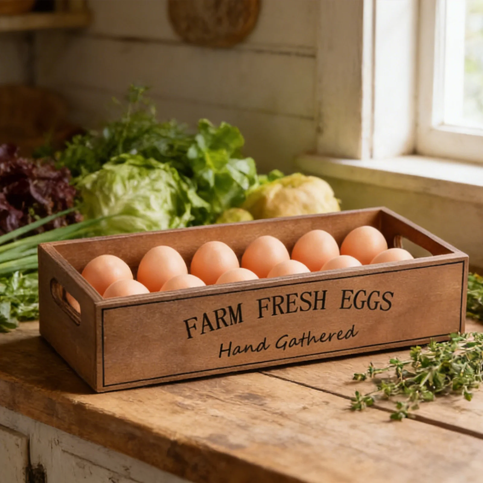 Wooden Rustic Egg Holder Farmhouse Storage Basket for Chicken Duck Quail Turkey Eggs, Portable Pantry Cabinet Table Organizer