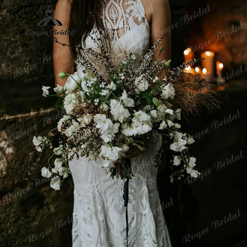 Vestido de noiva boêmio boho para mulheres, renda rústica, vestido de noiva country, sem mangas, vestido parcial, 2024