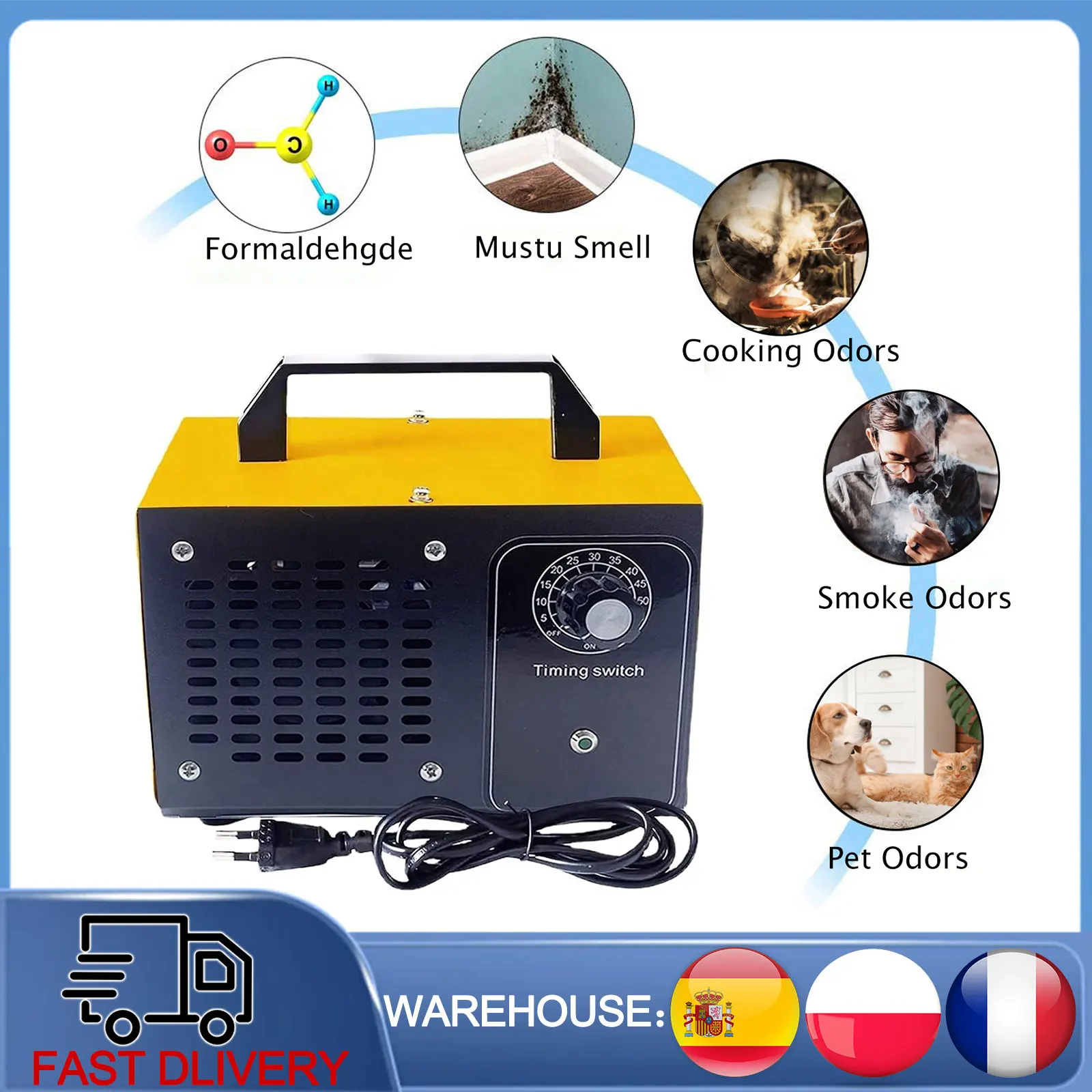 Purificador de Ozono de 120V, Eliminador de Olores, Limpiador de Formaldehído, Esterilizador y Desinfectante, Ozonizador para Baño, Cocina, Cubo de Basura