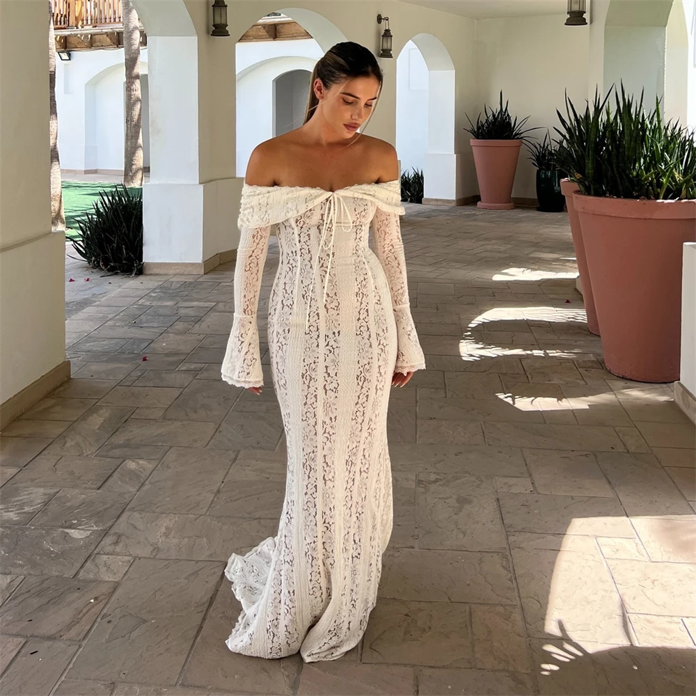 20345# Stunning Flare Sleeve Off Shoulder Lace Wedding Dress For Bride 2025 Customized Engagement Party Mermaid Evening Gown