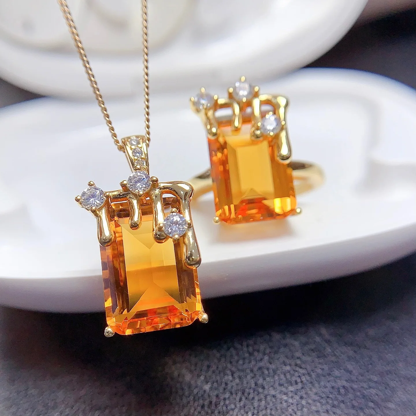 

KJJEAXCMY Girl 10x14mm Natural Yellow Crystal Cut Pendant Necklace Ring Set 925 Pure Silver Plated Gold Clearance Sale Gift