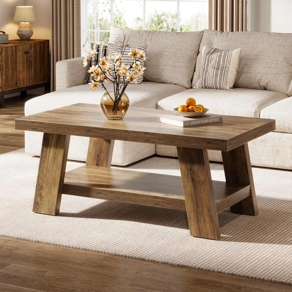 

47-Inch Farmhouse Coffee Table with Storage Shelf, Rustic Wooden Center Table for Living Room, 2-Tier Rectangle Coffee Table
