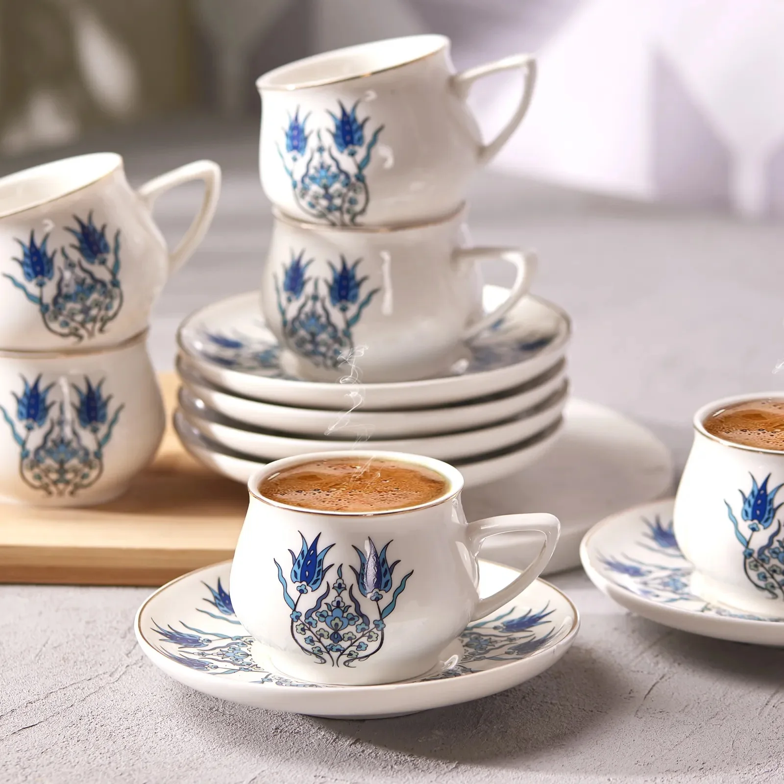 Turkish Coffee Cup Set 12 Pcs For 6 People 90ml Porcelain Ceramic Saucer Mug Different Patterns Luxury Best Home Kitchen TURKEY