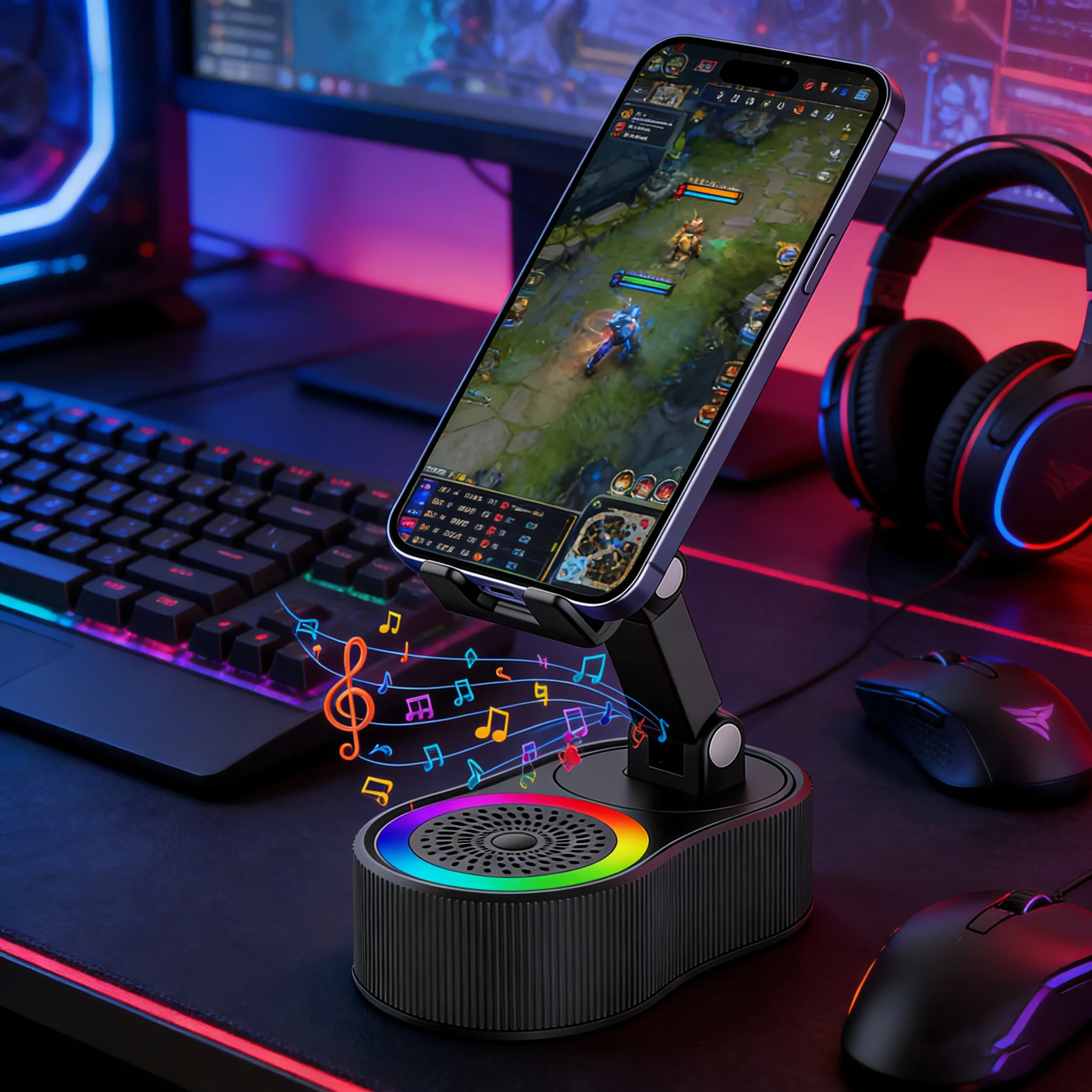

Loud Stereo Bluetooth Speaker with Magnetic Phone Stand​ - 2-in-1 Portable Desktop Dock for Crisp Hands-Free Calls & Immersive M