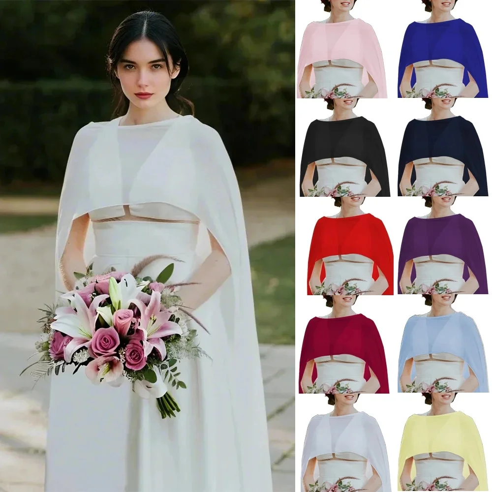 Ślubna szyfonowa długa peleryna kolacja impreza formalna damska peleryna O-neck Prom Women Shawl Elegant High-low Wrap Ivory 11 Colors — zdjęcie 2