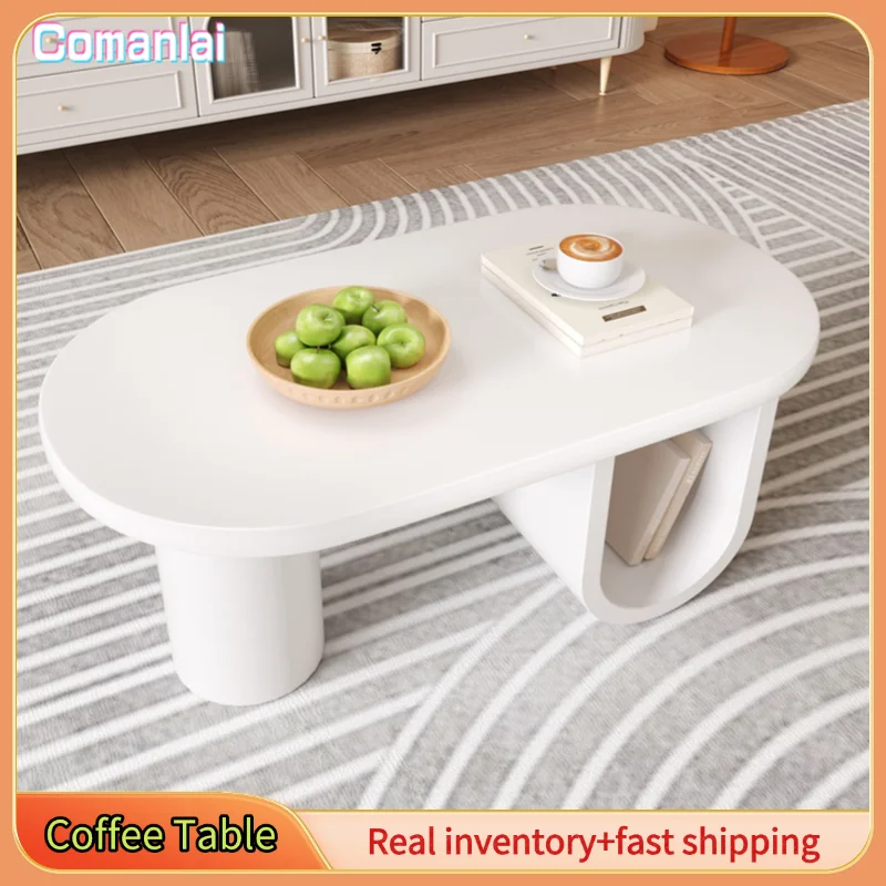 Tavolino da caffè ovale moderno Comanlai, gambe robuste a forma di U, superficie di facile manutenzione, perfetto per il soggiorno, bianco