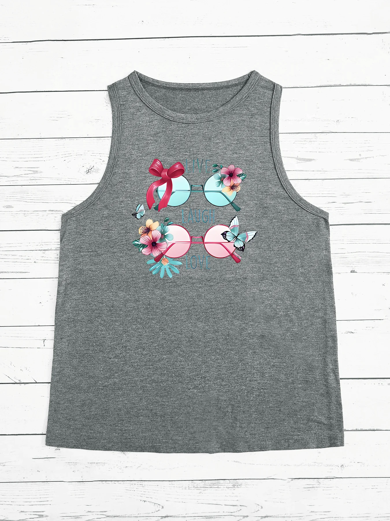 Live Laugh Love Sunglasses Butterfly Flowers Fashion Funny Sports Women's Tank Top Loose O Neck Sleeveless Casual Tank