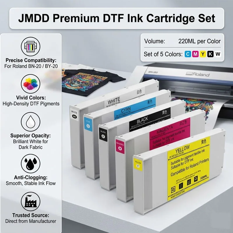 BY-20 BN-20D BN20 Full With DTF Ink Cartridge Compatible For Roland BY-20 BN-20D DTF Printer 220ML With Chip K C M Y W 5 Colors