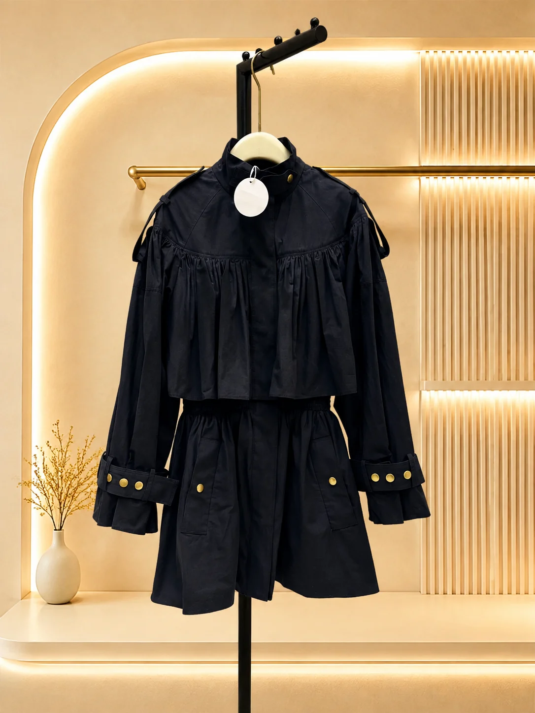 2026 Women Trench Coat Stand Collar Elastic Waist Plain Woven Trench Fabric Ruffled Patch Pocket Casual Outerwear