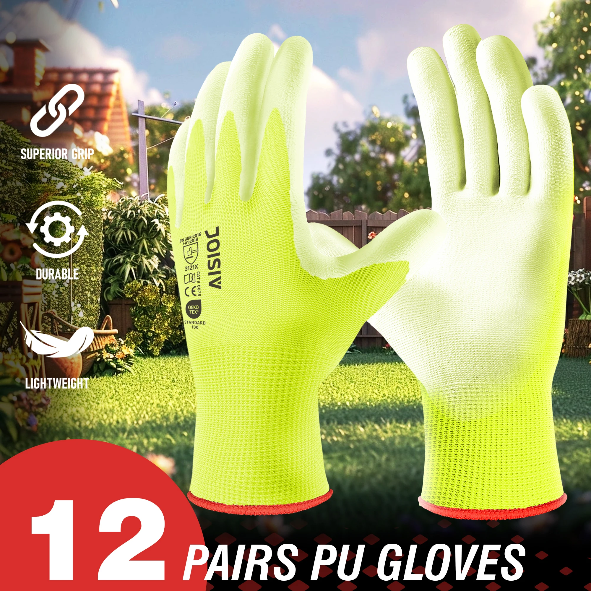 6/12 Pairs Yellow PU Coated Seamless Hand Work Gloves for Men Durable Non-slip for Construction, Warehouse & Automotive