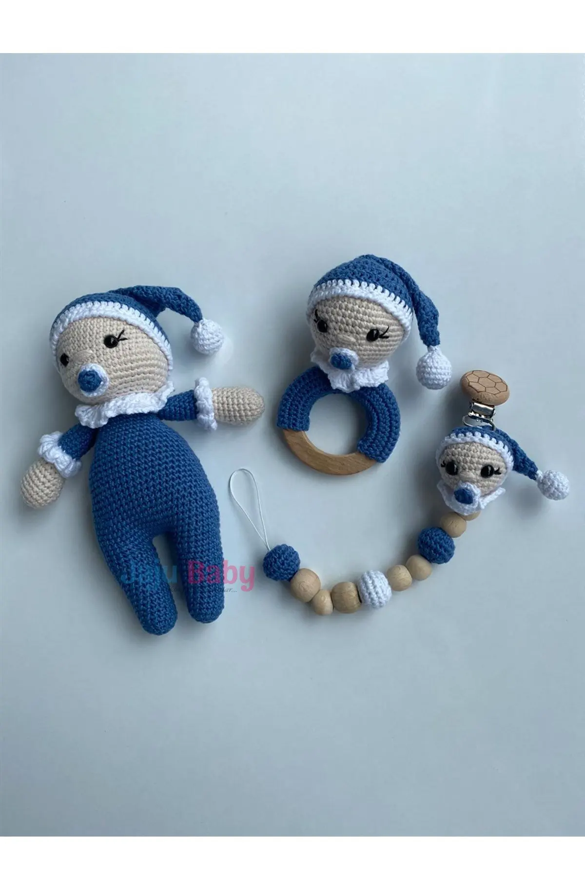 

Handmade Amigurumi Pacifier Baby 22 cm Rattle and Pacifier Chain Triple Set