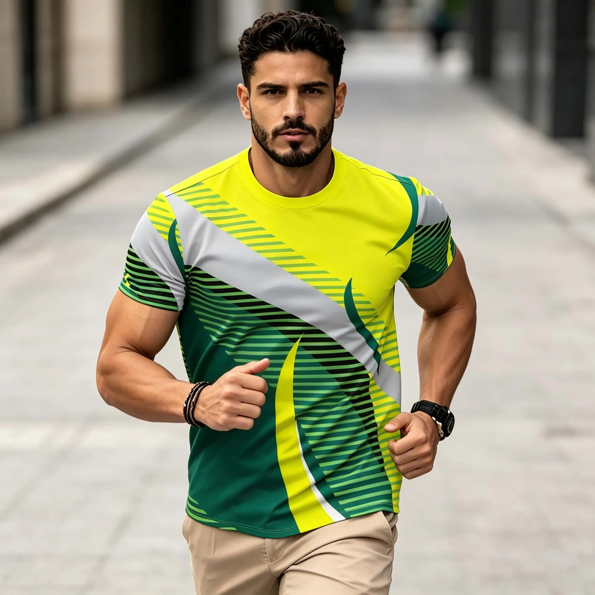 Herren Sommer Schnelltrocknendes Sport-T-Shirt Abstrakter Linien-Print Atmungsaktiv Dehnbar Kurzarm Rundhals Lauf- und Trainings-Sporttop