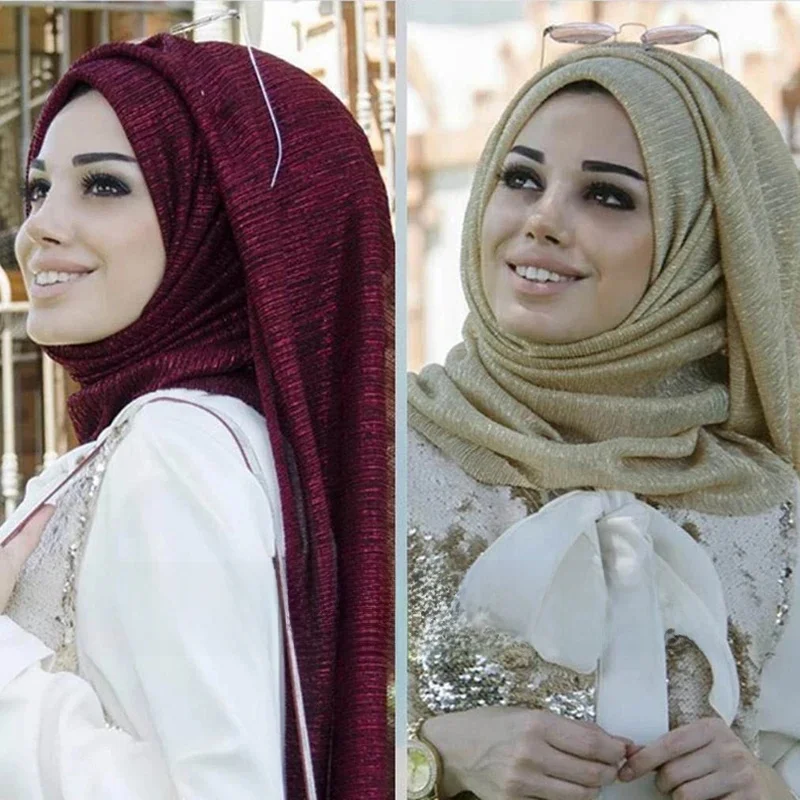 Lurex Glitter Hijabs dla kobiet muzułmańskie błyszczące szale zwykły marszczone szale kobieta Party etole plisowane Shimmer hidżab Turban Foulard — zdjęcie 2