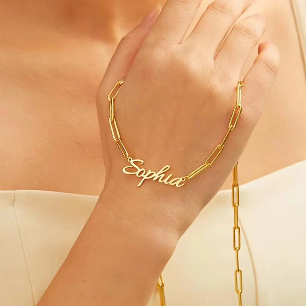 LeeChee Custom Script Name Necklace Women Dainty Paper Clip Link Chain Personalized Handwritten Name Pendant Gift
