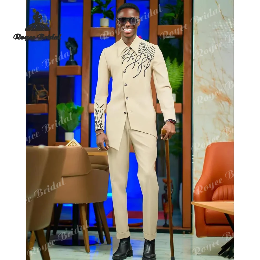 Tweedelige digitale borduurwerk Afrikaanse bruiloft herenpakken Single Breasted traditionele bruiloftsoutfit kostuum homme mariage