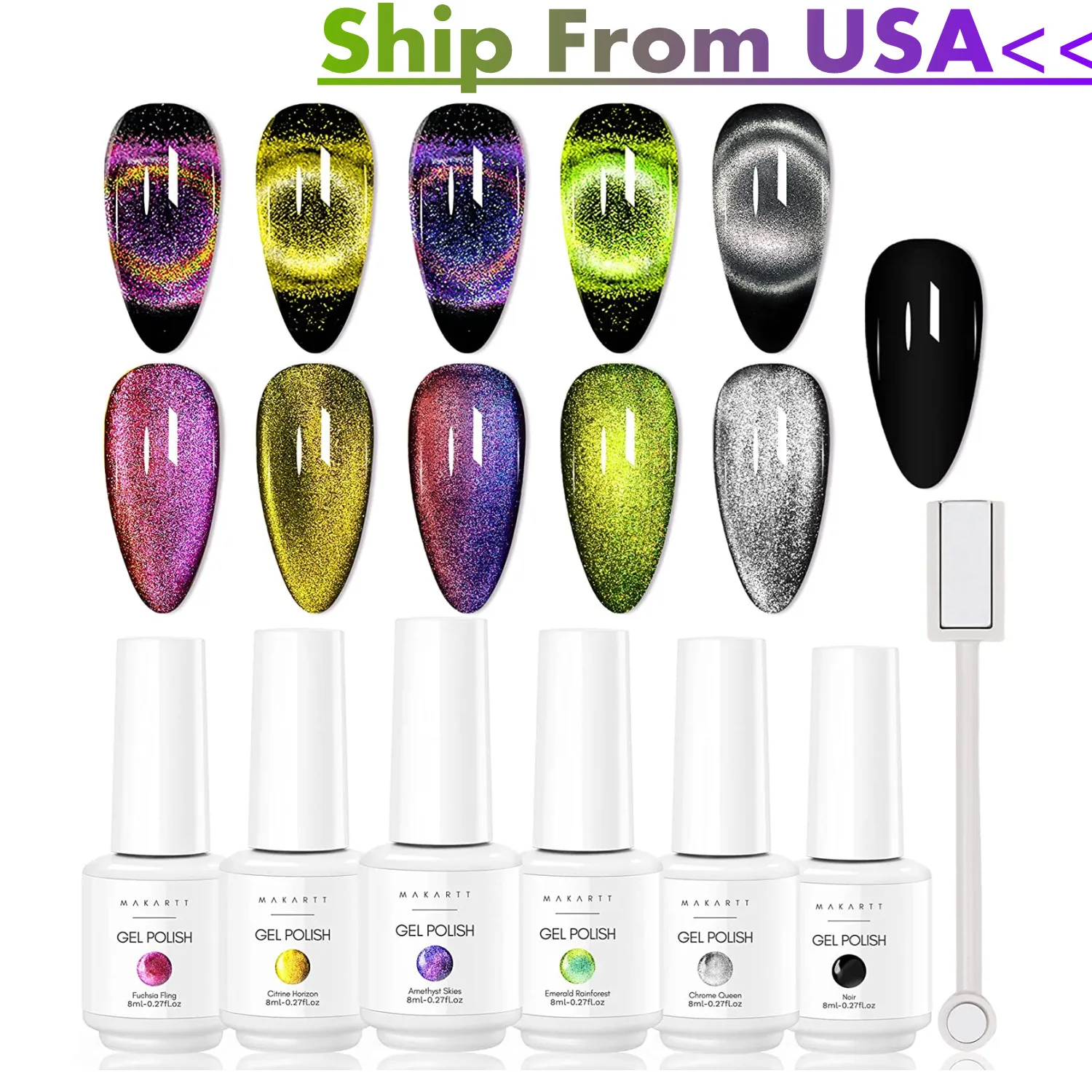 

9D Cat Eye Gel Nail Polish, Makartt Magnetic Gel Polish Set 6Pcs Classic Colors Chameleon Magic Galaxy Effect Soak off Nail Art