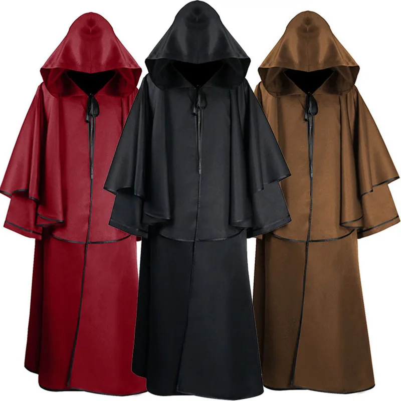 Men\'s Cloak Wizard Costume Medieval Hooded Robe Costume Monk Friar Robes Priest Costume Halloween Party Cosplay Death Ghost Suit