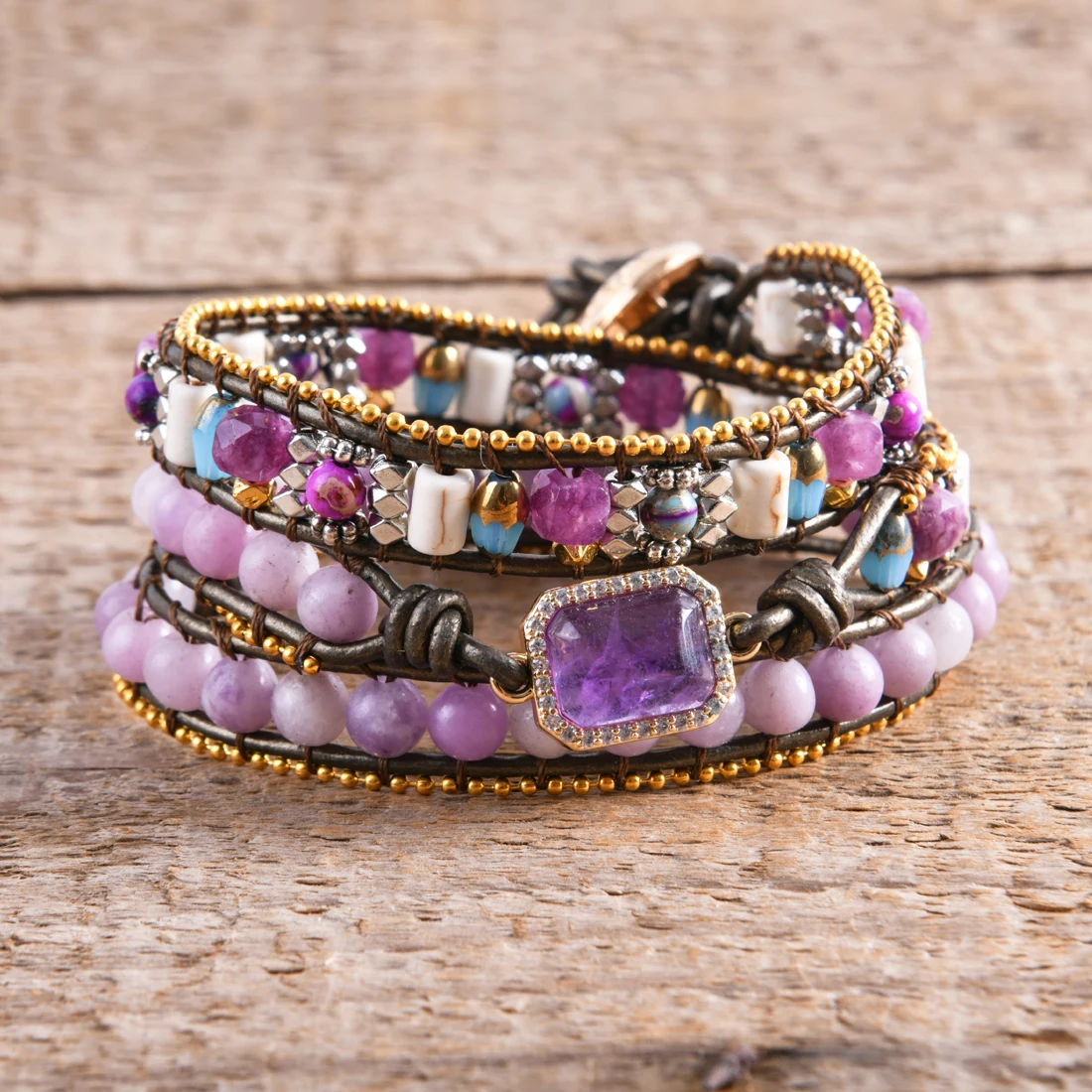 

Luxury 3 Strand Purple Square Sea Sediment Amethyst Natural Stones Wrap Beaded Bracelet Women Sisters Bohemia Jewelry Bijoux