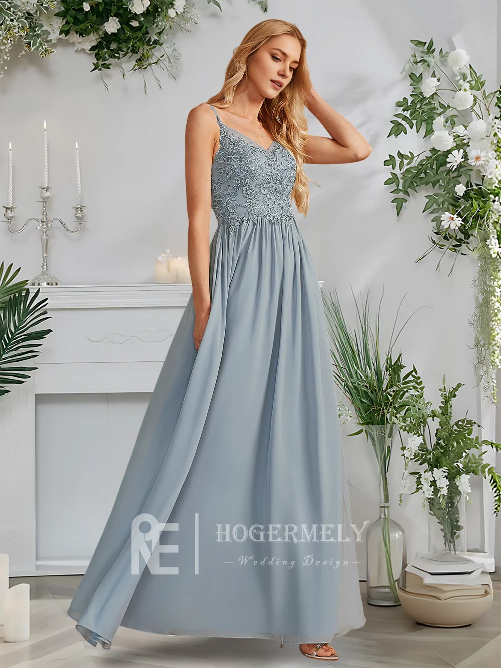 C فاخر أزرق مغبر ألف خط الخامس الرقبة الطابق طول الدانتيل الشيفون فساتين وصيفة الشرف مع الكشكشة حفل زفاف ضيف النساء 2025 ​