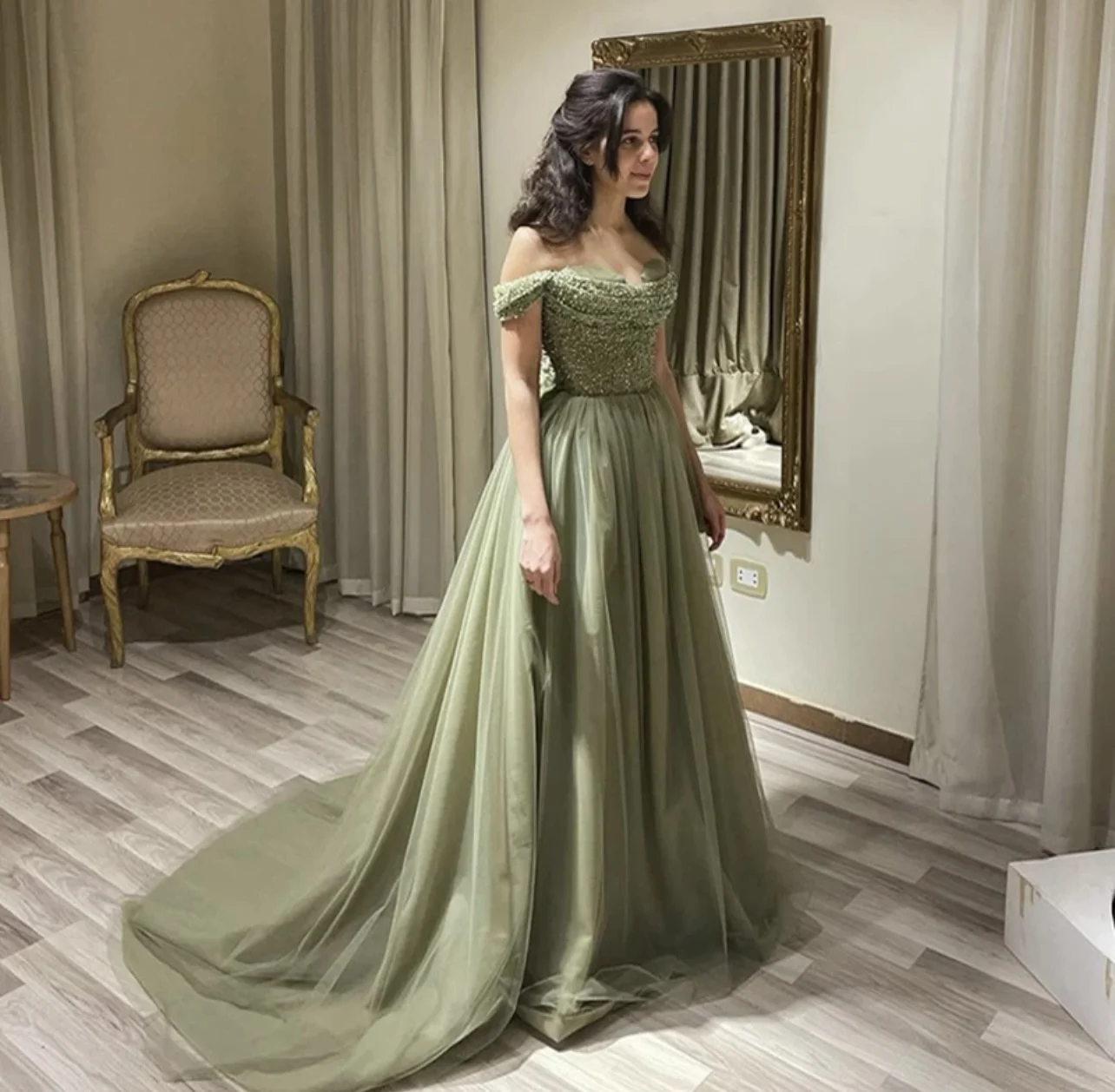 Dathy Green Off Shoulder Prom Shiny Dress Tulle Party Robe Dress Princess A Lline Evening Dress Formal Occasion Dresses