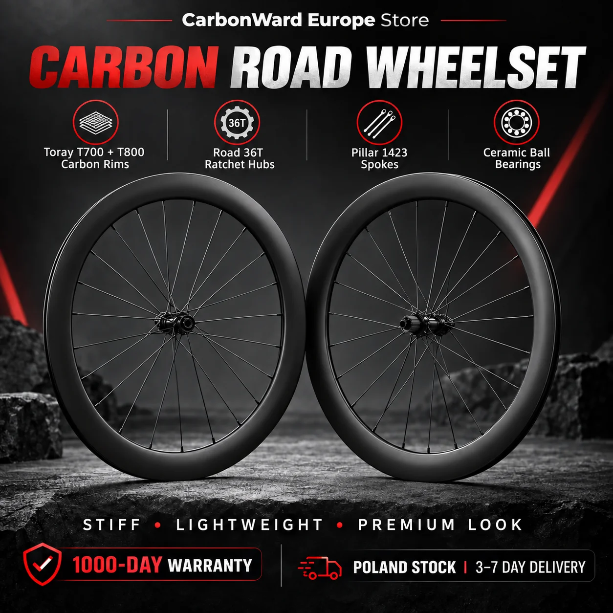 CarbonWard EU Stock 700C Carbon Wielset Schijfrem 36T Ratchet Keramische Lagers Pillar1423 Carbon Velg Center Lock Racefiets Wielset