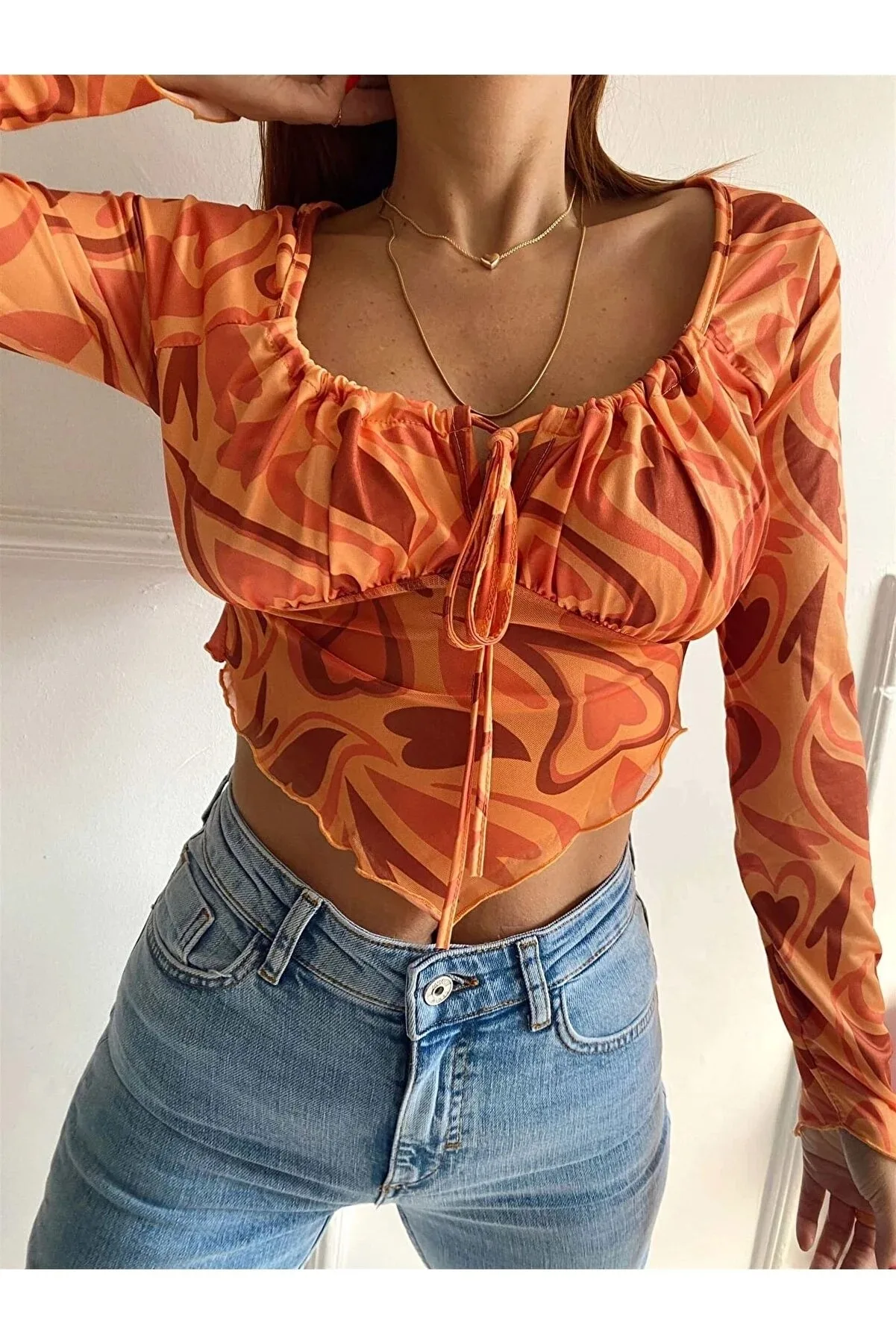 

Blouse Women's Blouse Women's Front Tulle Detail Asymmetrical Cut Long Sleeve Crop Blouse Stylish and Suitable for Daily Use Blo
