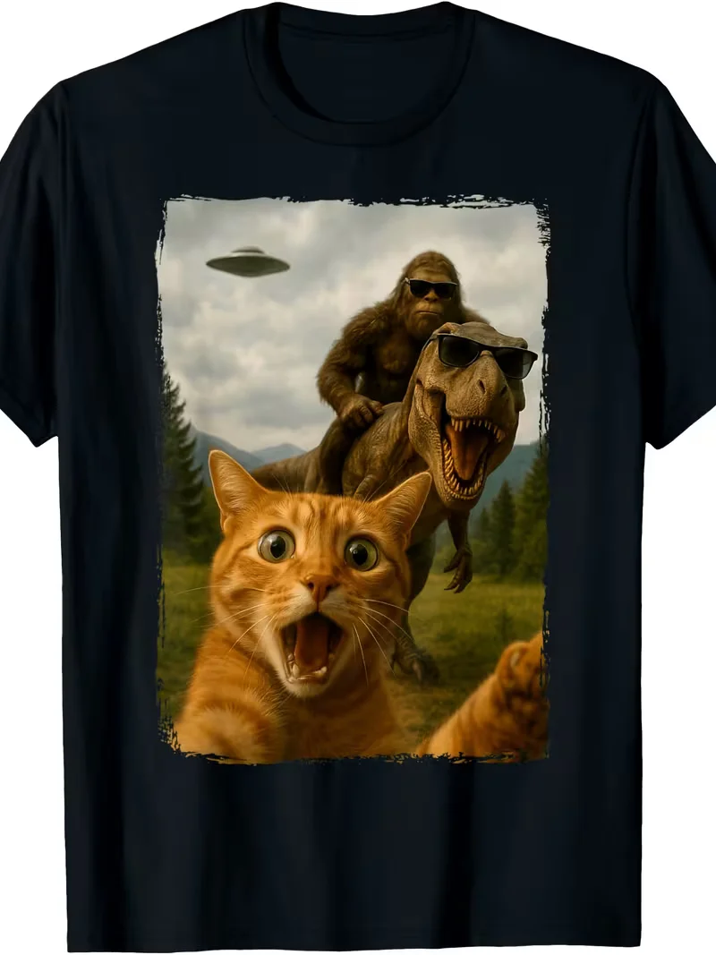 Vintage Funny Graphic T‑Shirt, Surprised Cat Selfie With Bigfoot Riding Sunglasses‑Wearing T‑Rex And UFO In Sky Print, Weird Cool Novelty Casual Unisex Short Sleeve Tee