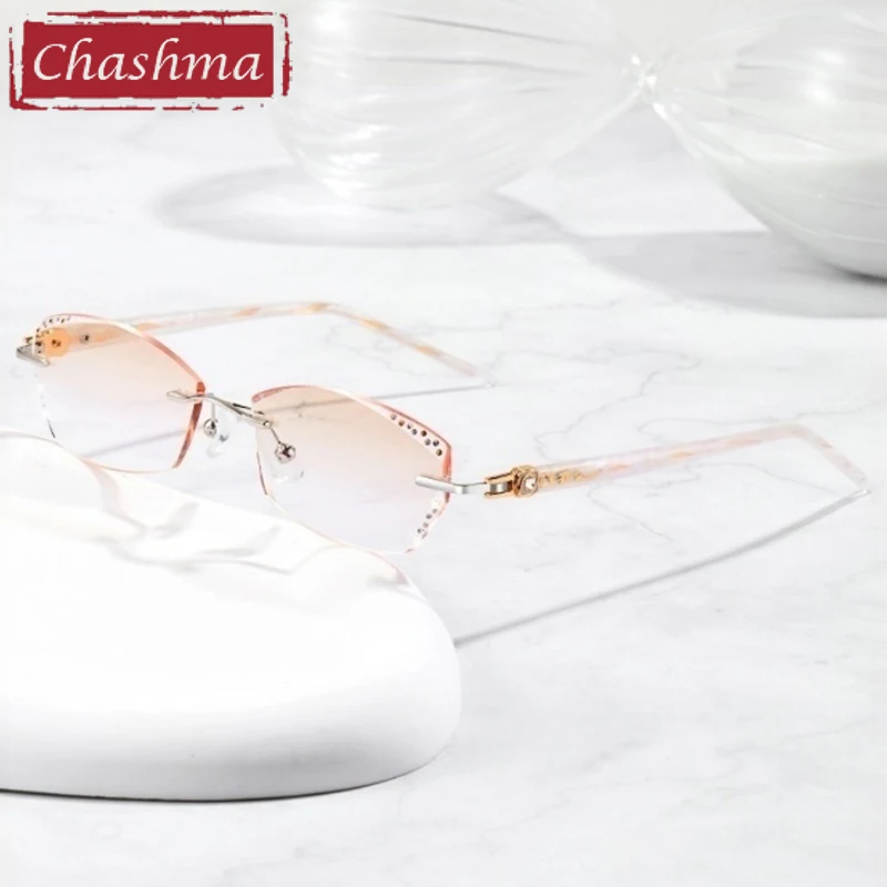 

Chashma Prescription Glasses Women Fashion Titanium Diamond Trimmed Rimless Spectacles Eyeglasses Frames for Myopia Tint Lenses