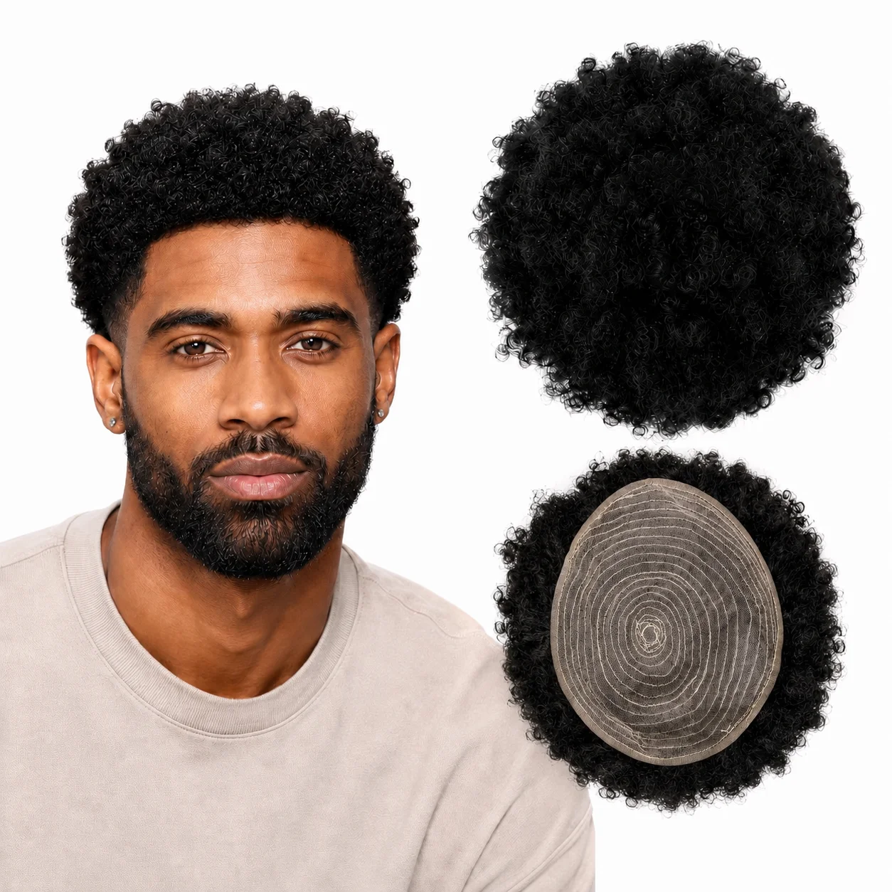 男性用アフリカ産カーリー人毛ヘアピース-≥98-本物の人毛-フルカバー-通気性のあるレース-ソフトで自然なカール-快適で安全