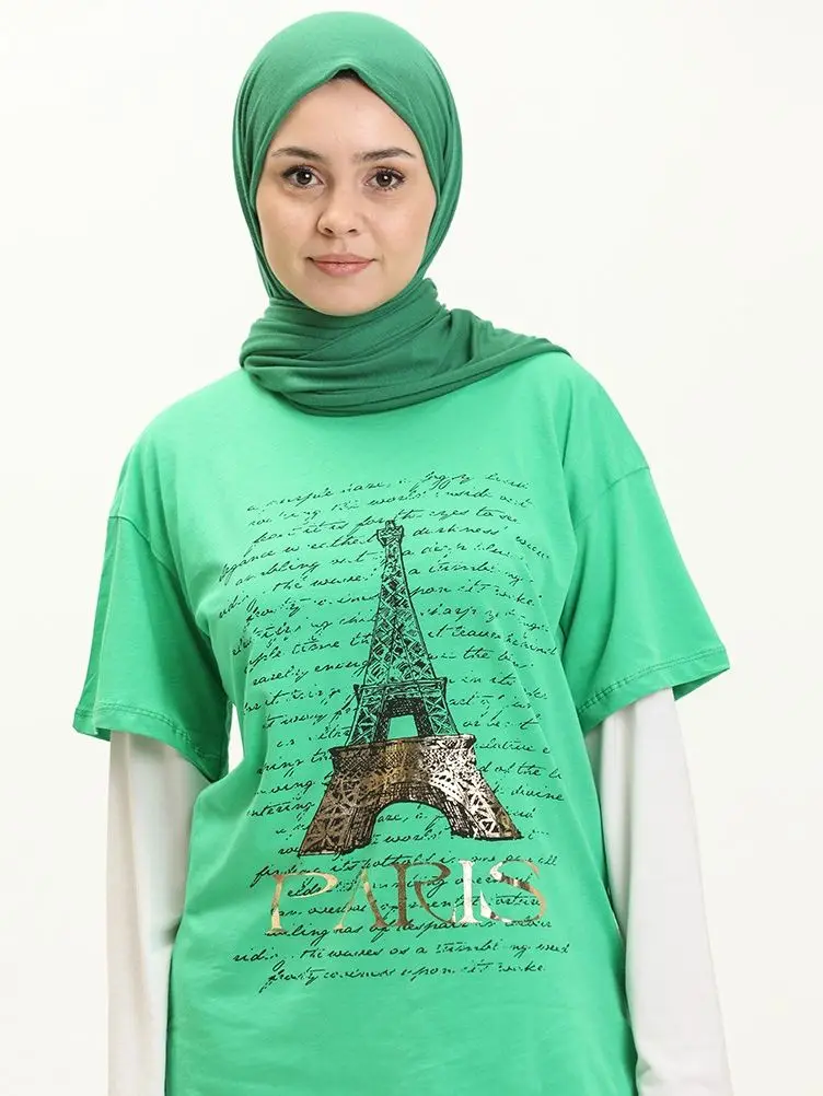 Paris Printed Tshirt Plain Long Sleeve Cotton Sweatshirt Zero Collar Summer Muslim Women Top Seasonal Sweatproof