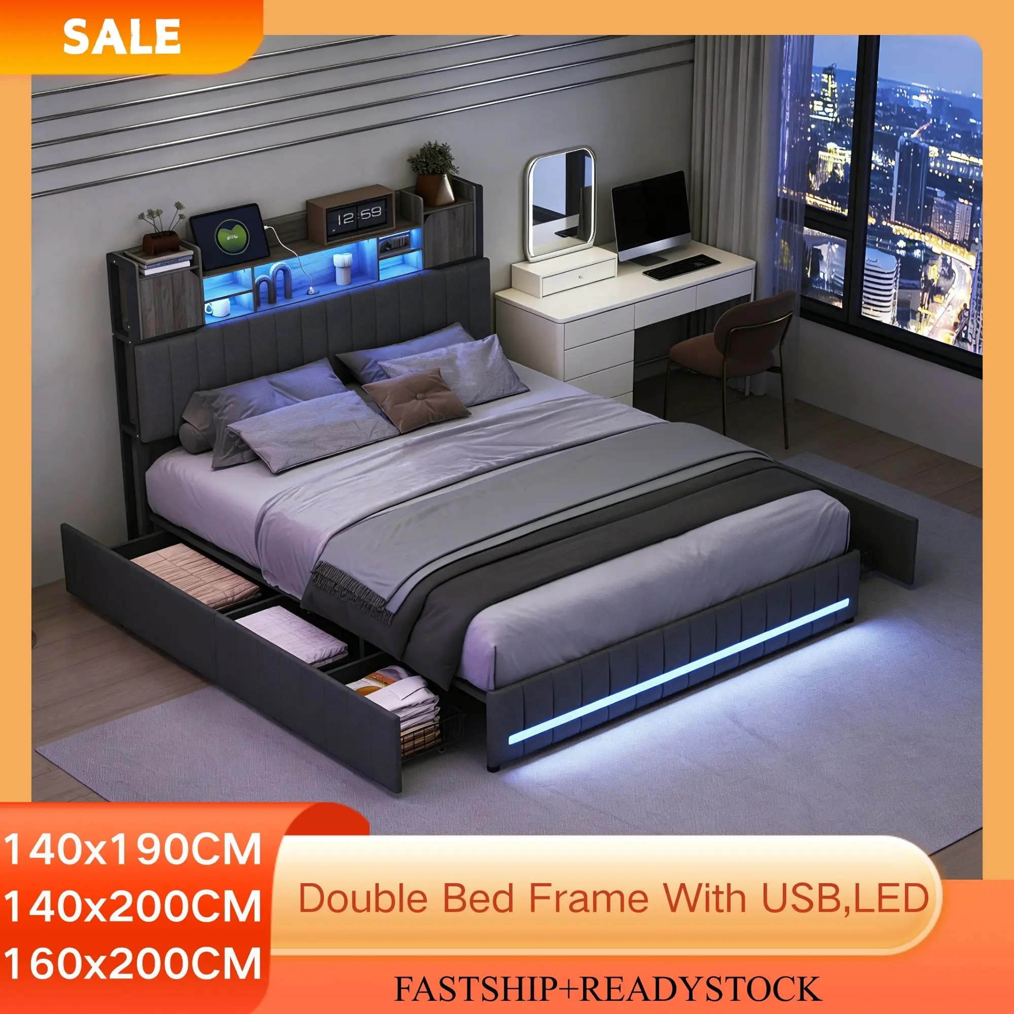 Lit Double Rembourré 160x200 avec 4 Tiroirs, Capitonné Tête de Lit, Compartiment de Rangement, avec LED et Charge USB, Lin, Gris