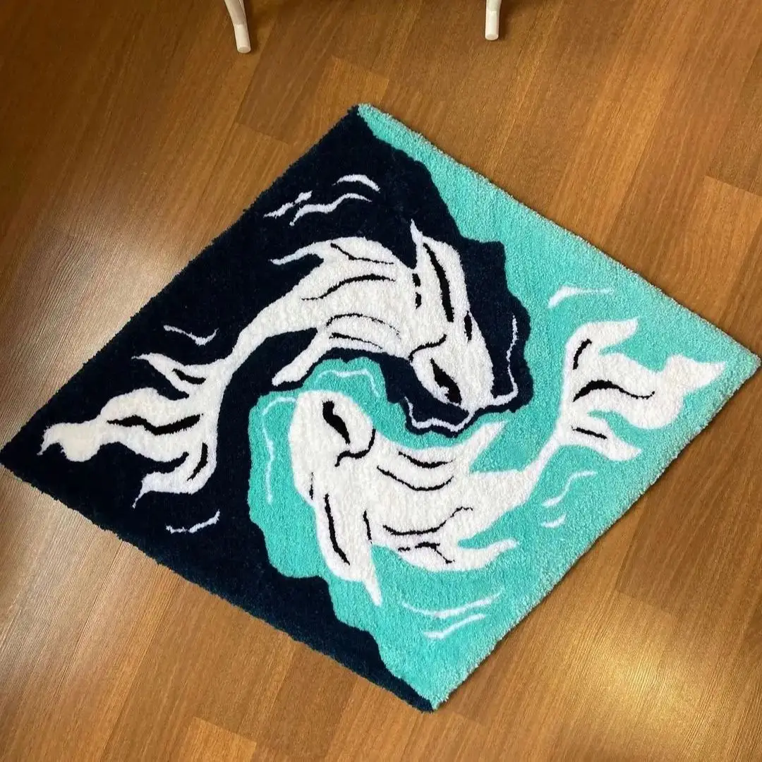 Black and Lake Blue Fish Conception Square Rug Printing Technology Simple Housewarming Gift Handmade Non-Slip Decorative Carpet