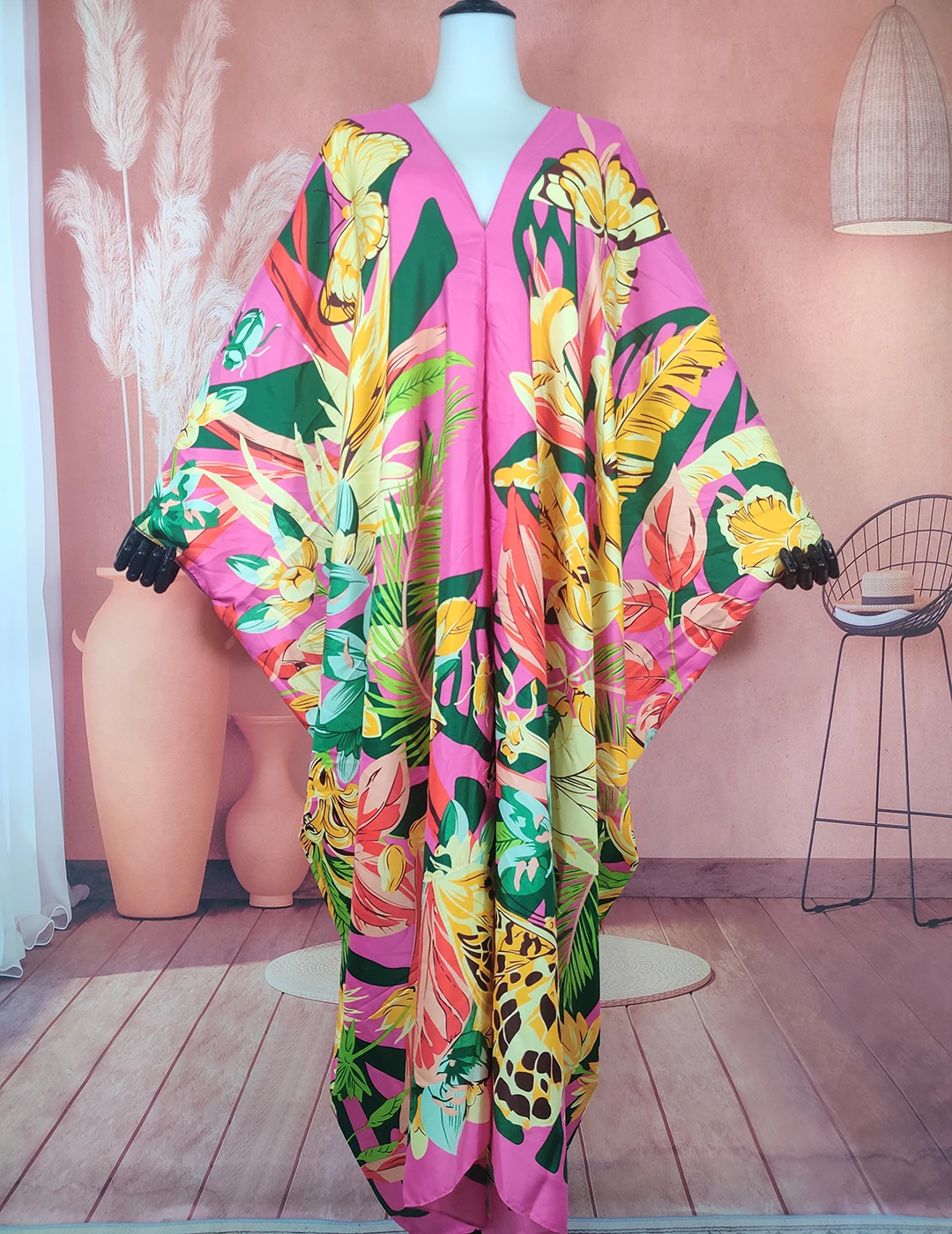 

Kuwait Blogger Recommend Fashion Floral Twill Summer Women's Silk V-Neck Kaftan Dress Oversize African Muslim lady Outlet Abaya