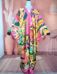 Kuwait Blogger Recommend Fashion Floral Twill Summer Women's Silk V-Neck Kaftan Dress Oversize African Muslim lady Outlet Abaya