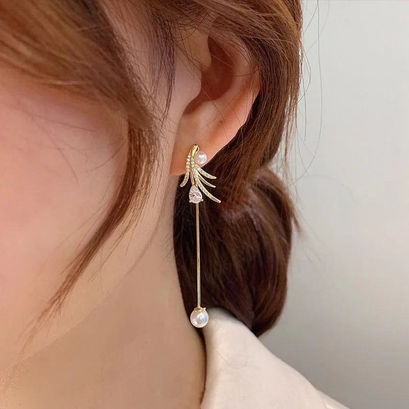 Exquisite Perlenmond-Asymmetrische Wassertropfen-Ohrringe für Frauen, Koreanische Mode Schmetterling Blumen Zirkon Ohrringe Hochzeitsschmuck – Detail 17