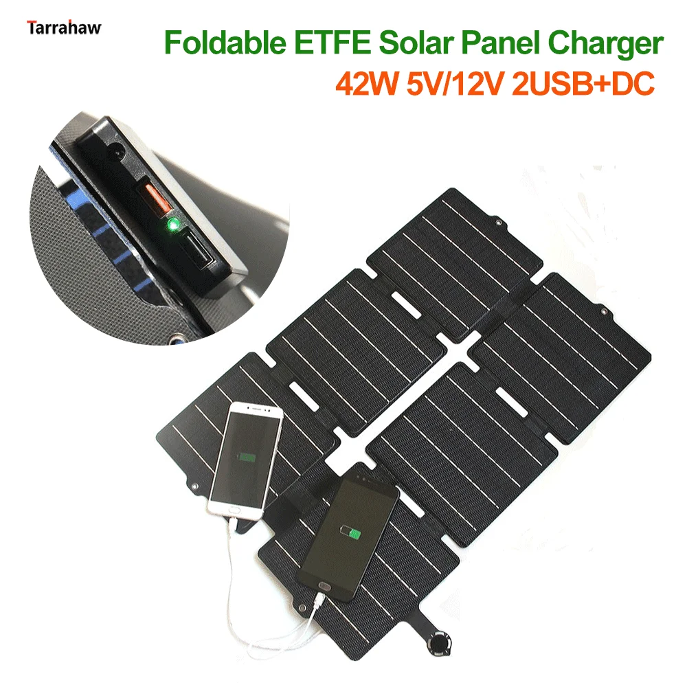 

42W Portable Folding ETFE Solar Panel Black DC12V USB Fast Charge for Outdoor Camping PV Plate