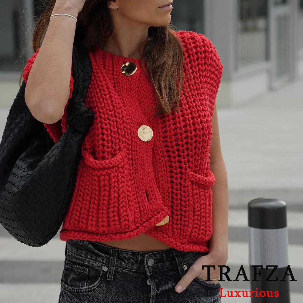 TRAFZA Casual Knitted Women Vest Sweaters Single Buttons Pockets Waistcoats Fashion 2024 Autumn Streetwear Sleeveless Cardigans