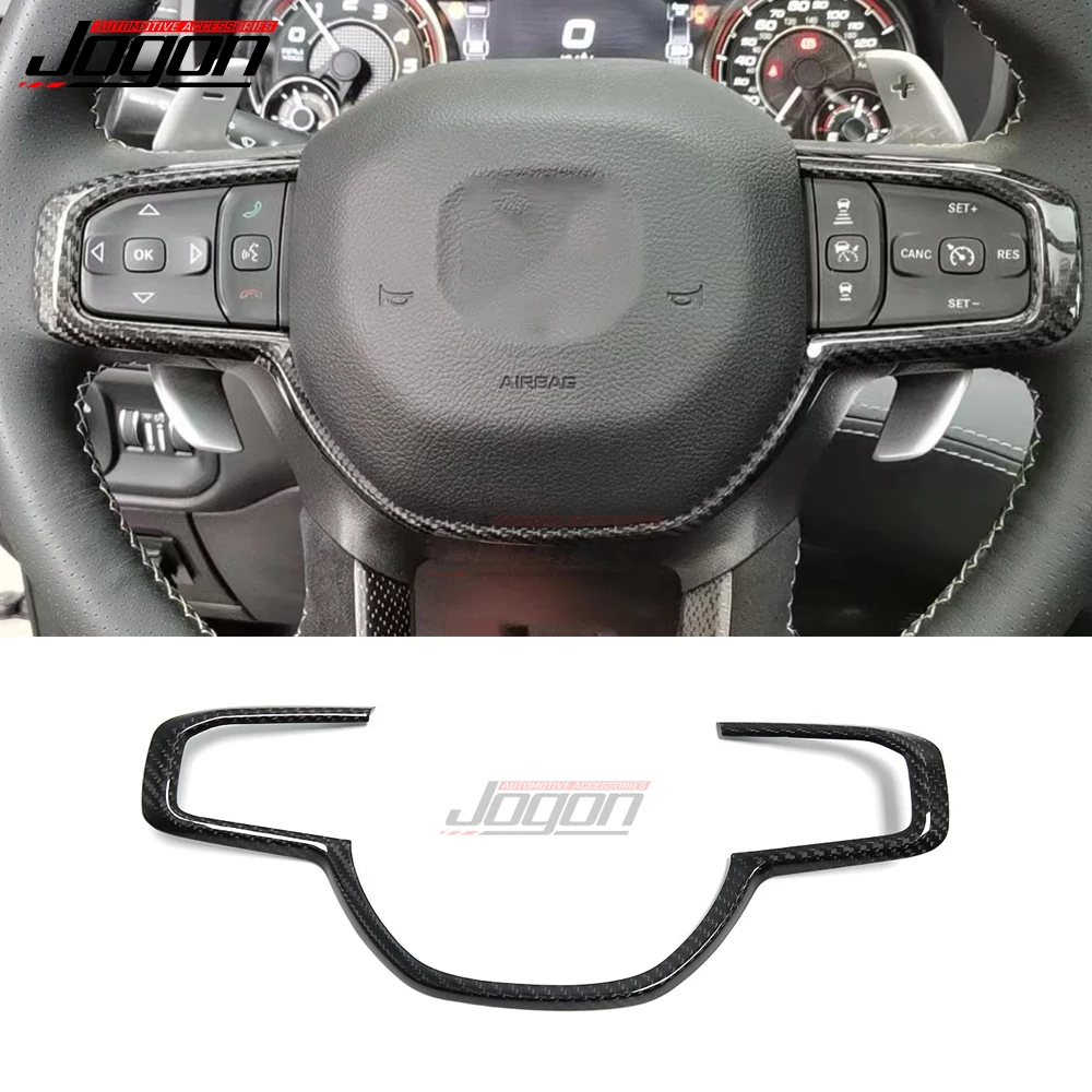 

For Dodge Ram Tradesman BigHorn Laramie Rebel Longhorn Limited TRX 2019+ Steering Wheel Button Frame Carbon Fiber Cover Interior