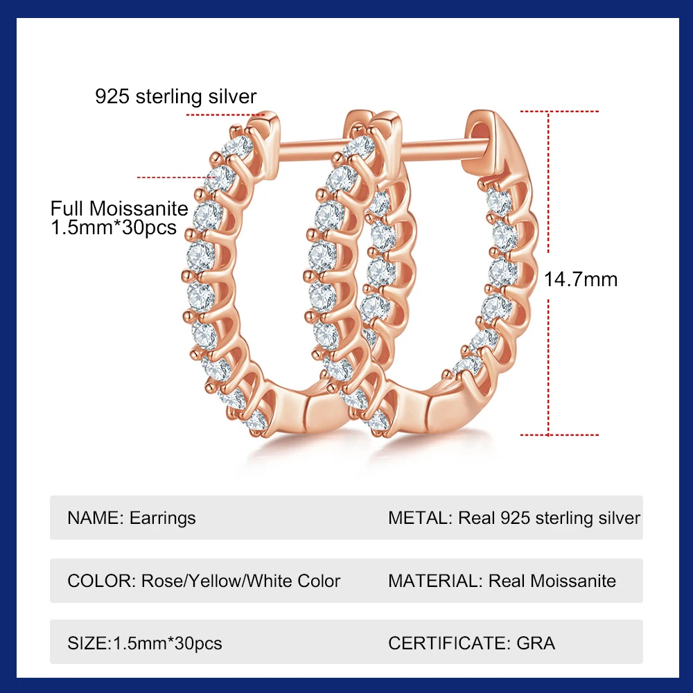Sweetrain 1.5 ملم لون الذهب الوردي مويسانيتي هوب أقراط للنساء 925 فضة مطلي 18 كيلو هيبوالرجينيك أقراط GRA #2