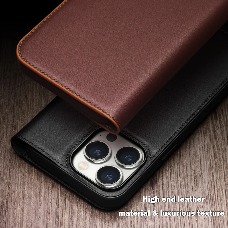 QIALINO Genuine Leather Flip Case for iPhone15 Plus Bracket Handmade Business Cover with Card Slots for iPhone15 Pro Max/15 Pro